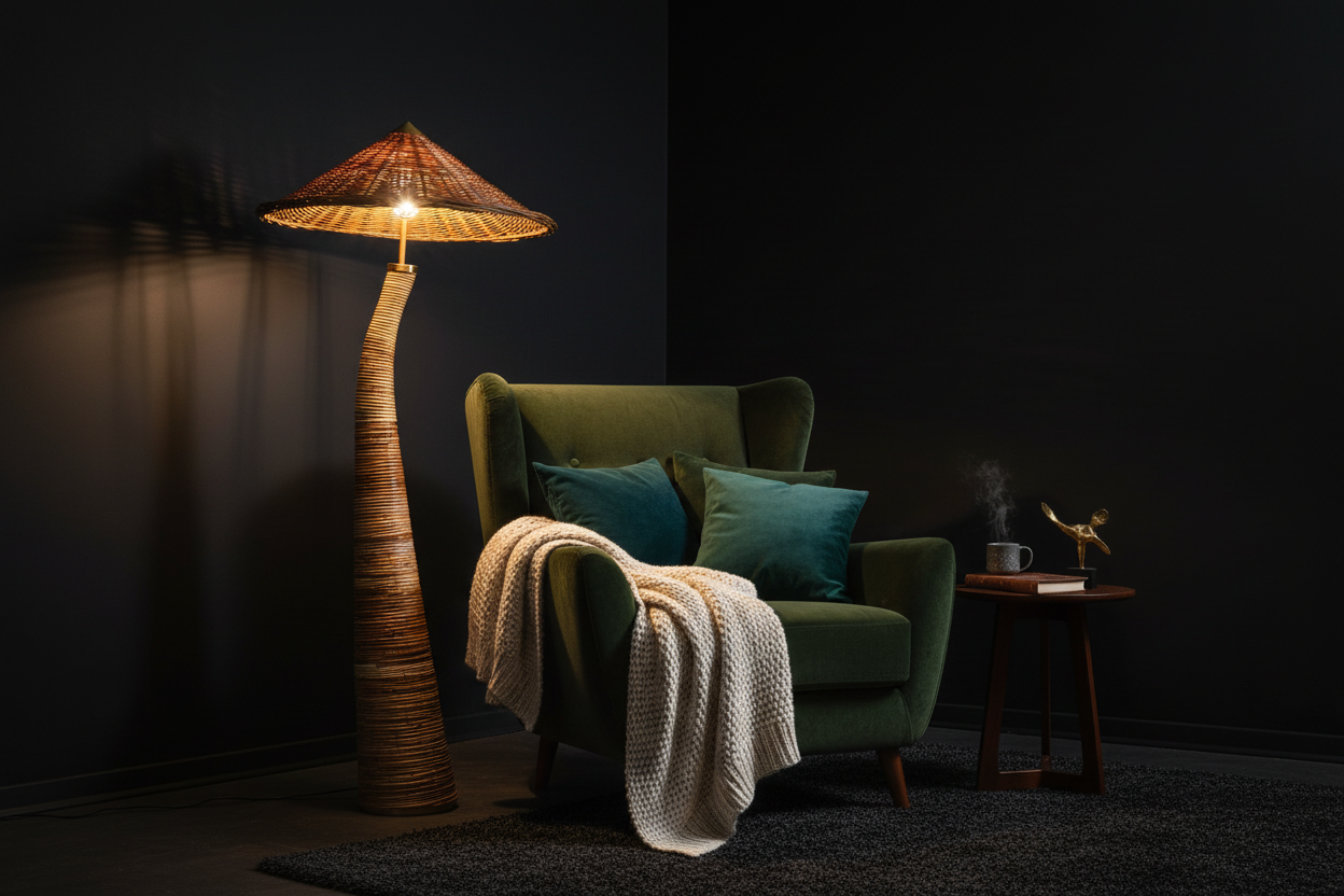 Rattan floor lamp in reading nook with dark walls