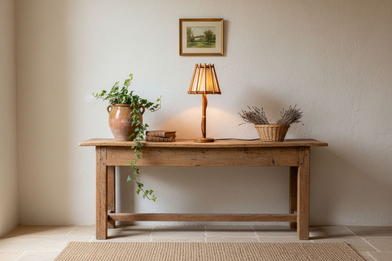 Rattan lamp on console table in farmhouse entryway