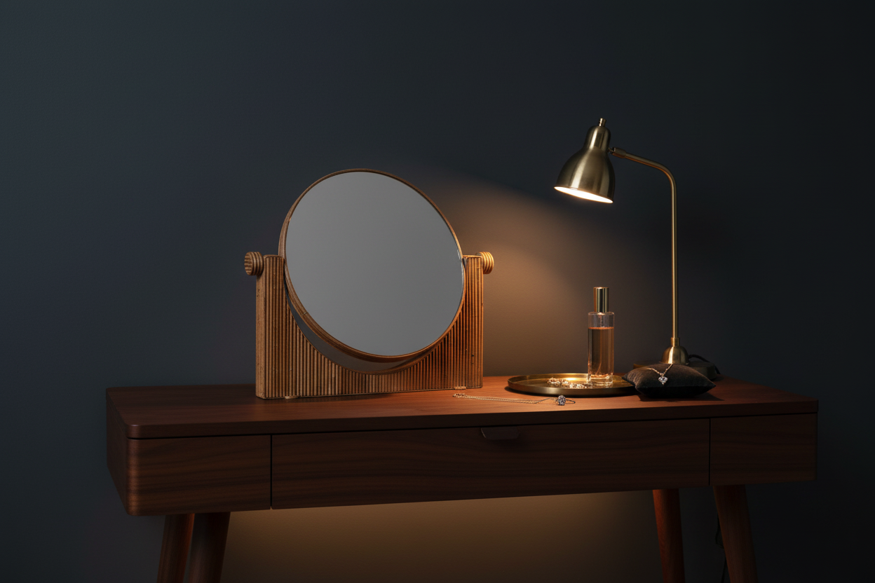 Rattan mirror against dark charcoal wall