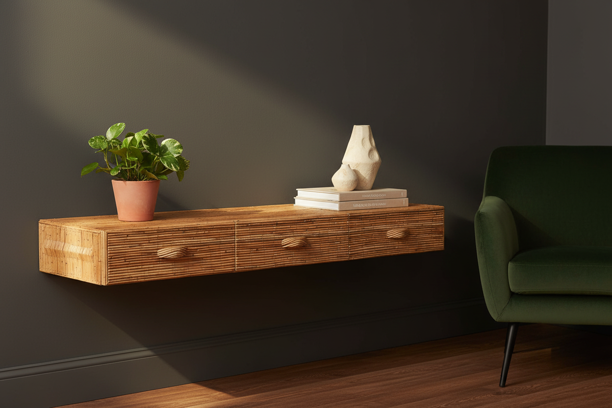 Rattan shelf lifestyle photo with dark walls