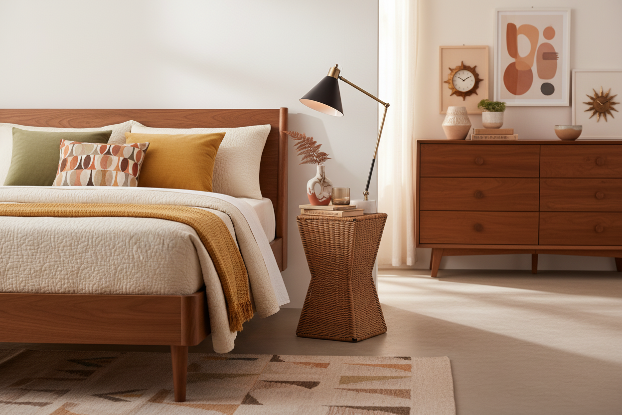 Rattan stool in MCM bedroom