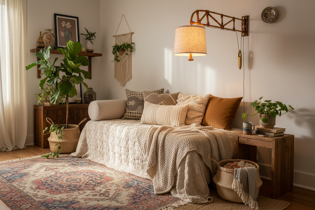 Rattan swing arm wall lamp in bohemian living room