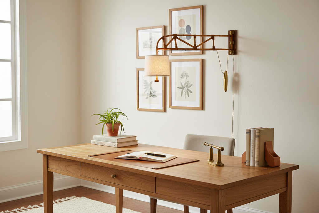 Rattan swing arm wall lamp in home office