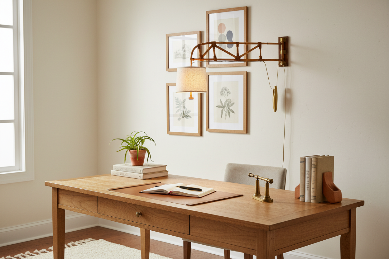 Rattan swing arm wall lamp in home office