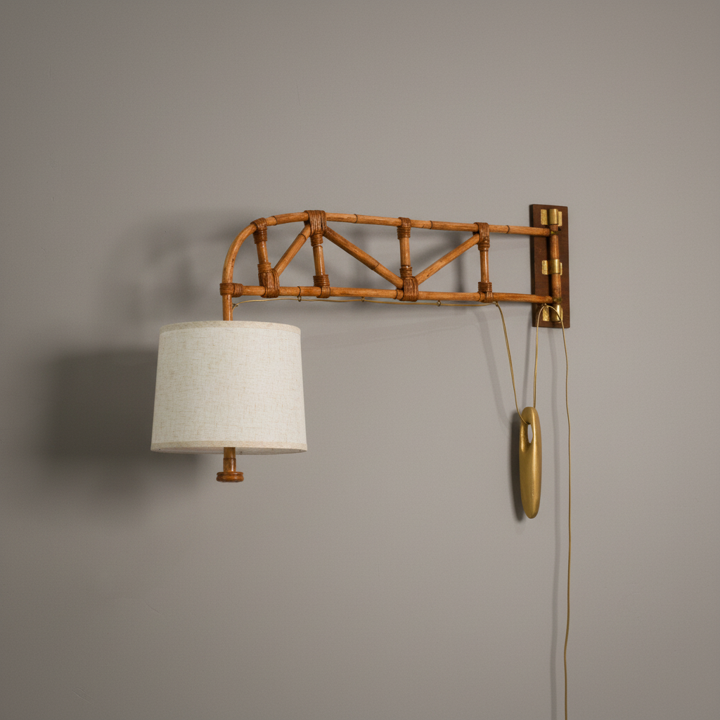 Rattan swing arm wall lamp on grey background