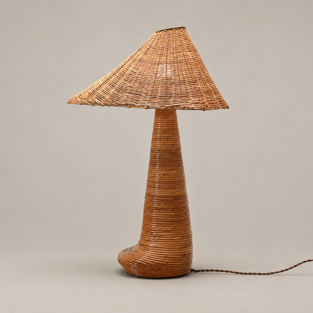 Chloe rattan table lamp with an asymmetric woven shade and tapered wrapped base on a soft greige background.
