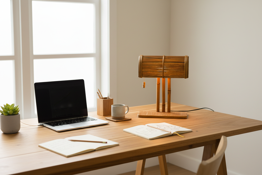 Rattan table lamp on desk in home office