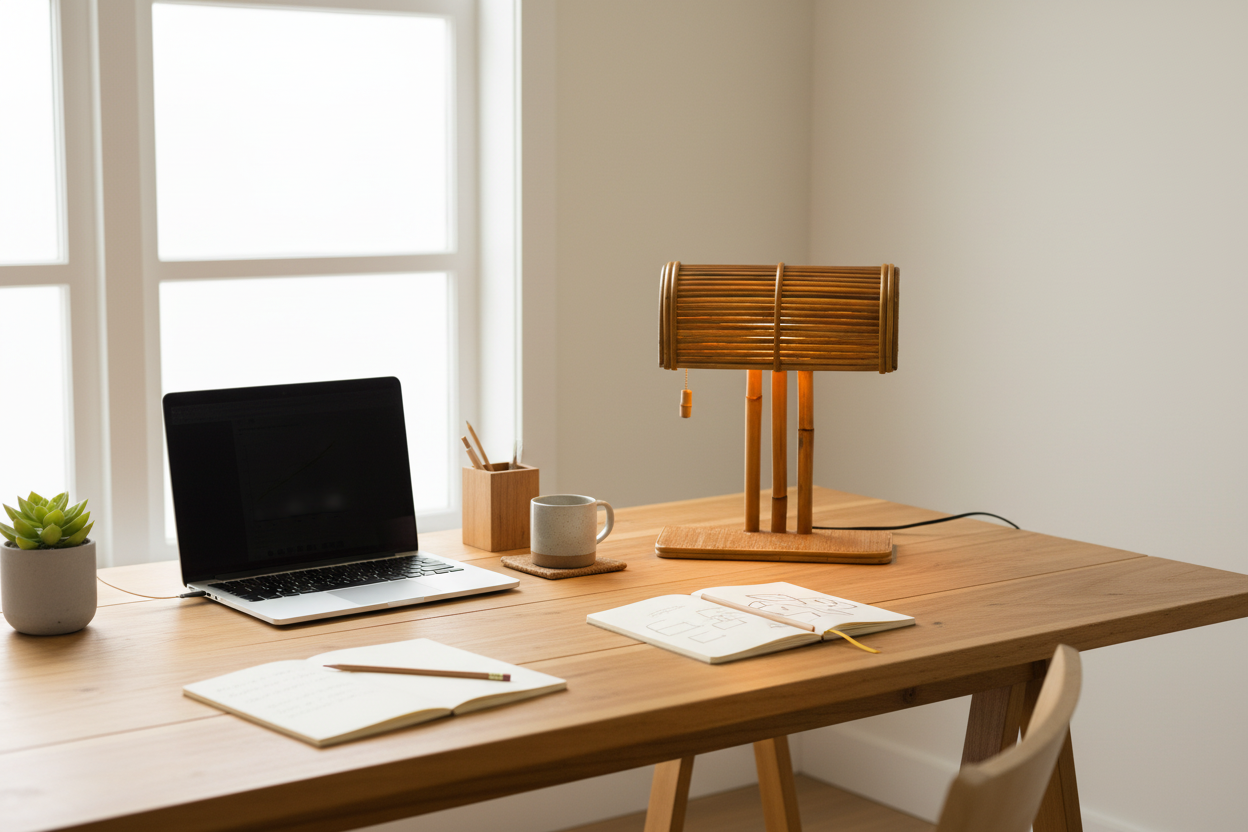 Rattan table lamp on desk in home office