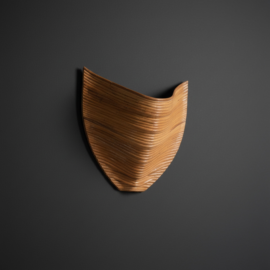 Aurora Rattan Wall Sconce — shield silhouette on dark grey background, natural brown