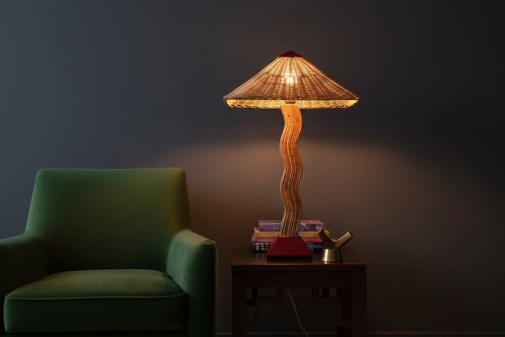 Red lamp with rectangular shade