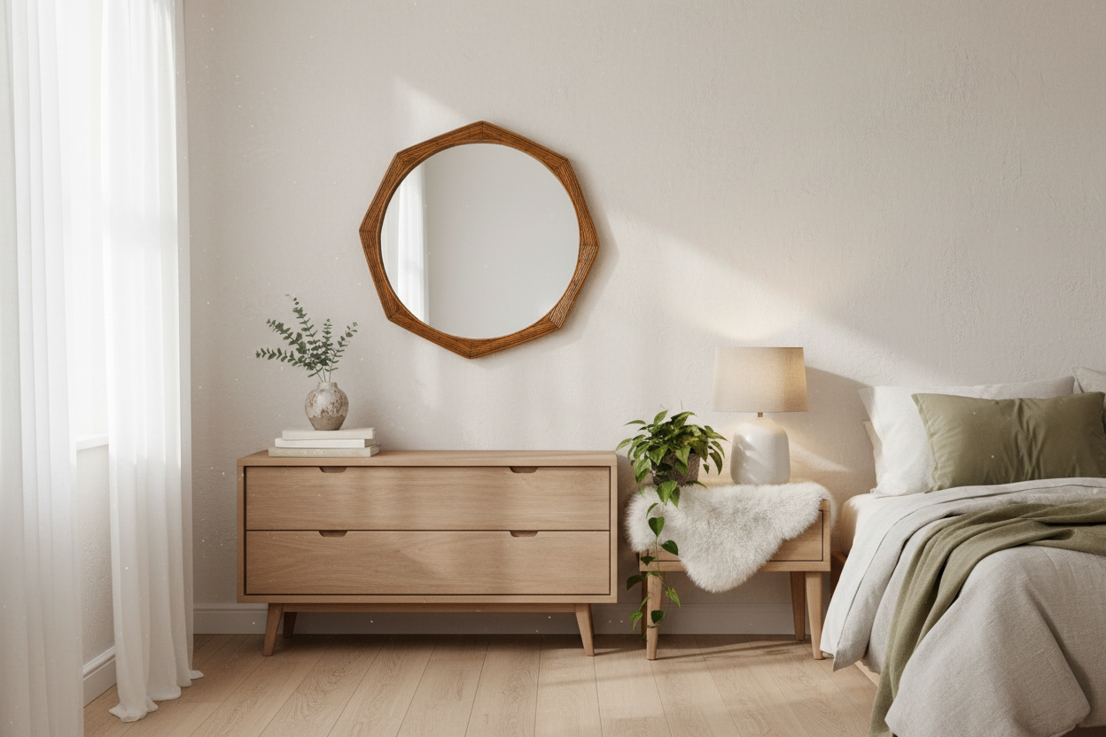 Round Rattan Mirror Bedroom