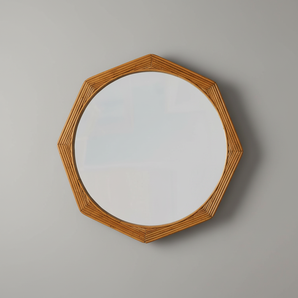Round Rattan Mirror Grey Background
