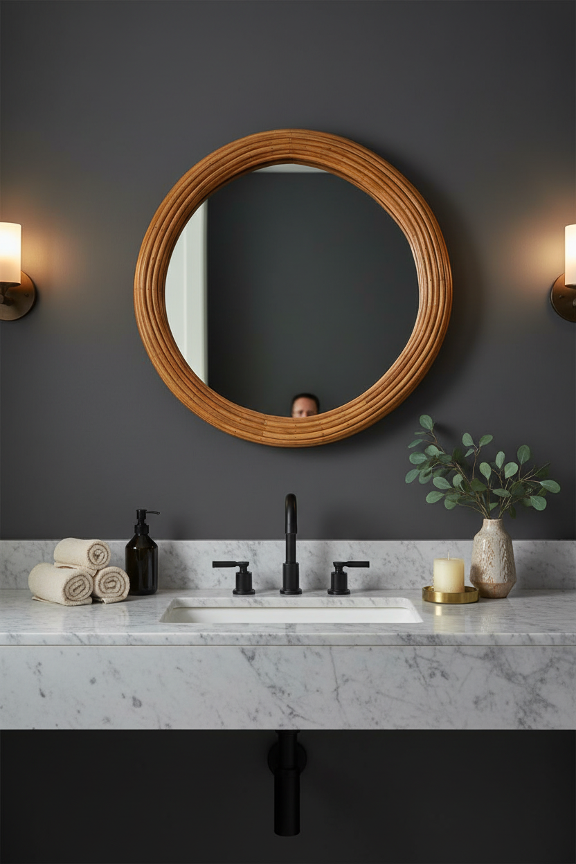 Round Rattan Mirror in Dark Bathroom