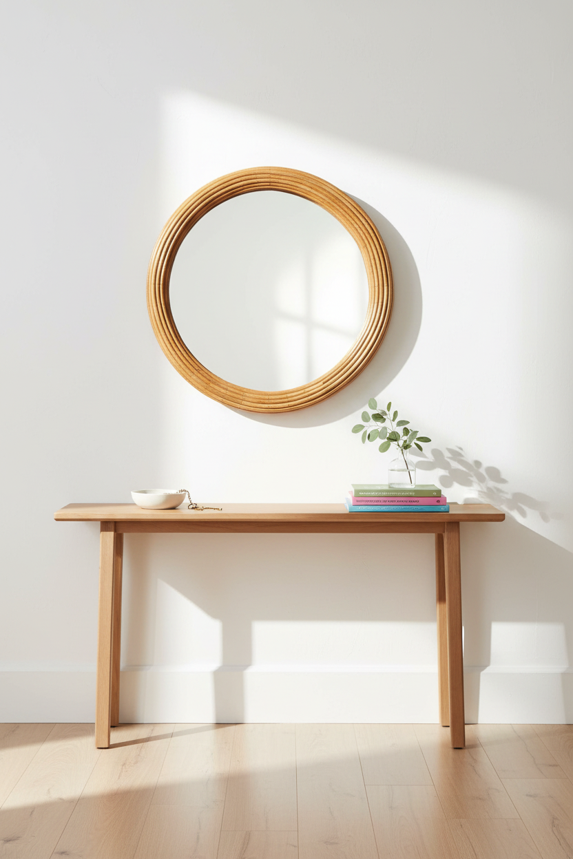 Round Rattan Mirror in Hallway