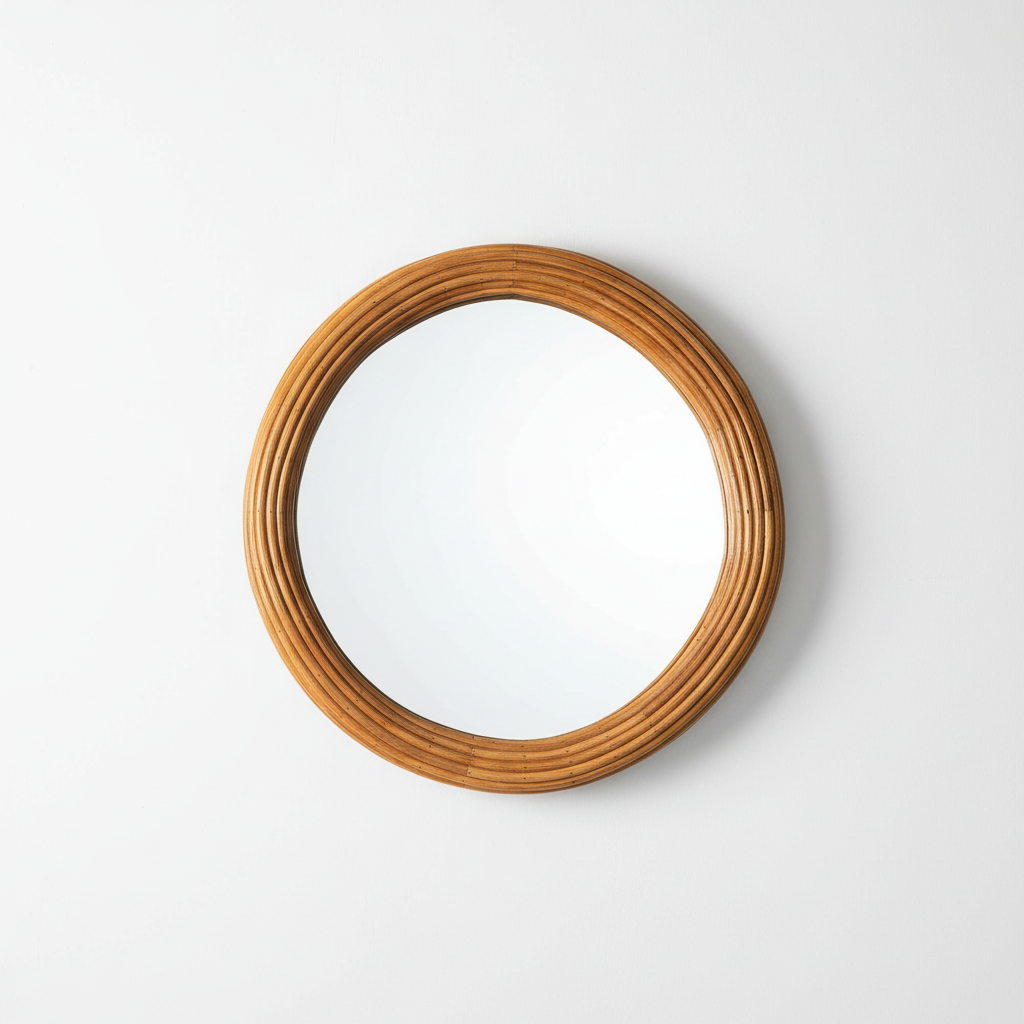 Round Rattan Mirror on White Background