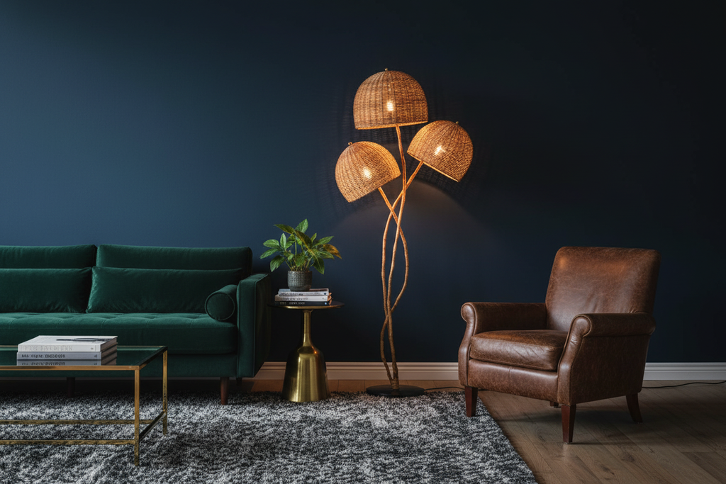 Sculptural Rattan Floor Lamp in Dark Interior