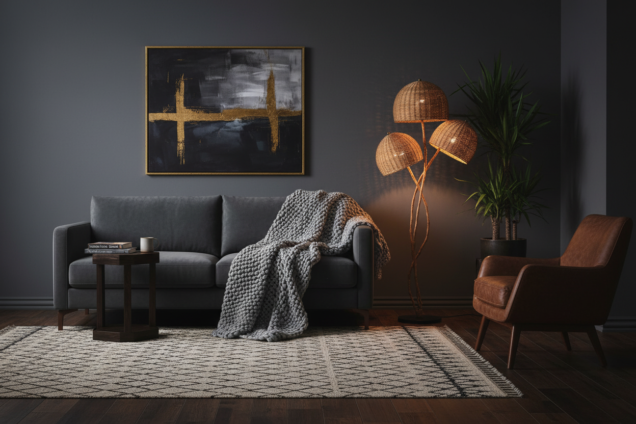 Sculptural Rattan Floor Lamp in Dark Moody Interior