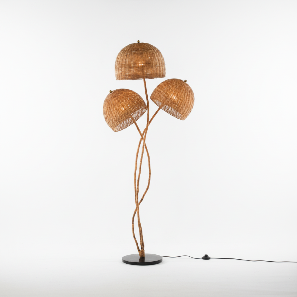 Sculptural Rattan Floor Lamp - Three-Quarter View