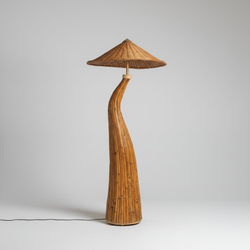 Shroom 001 rattan floor lamp — square profile view, lacquered rattan body and woven mushroom shade — Rattanology