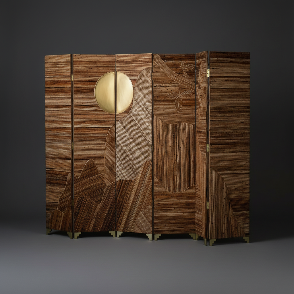 Six-Panel Rattan Folding Screen Dark Grey Background