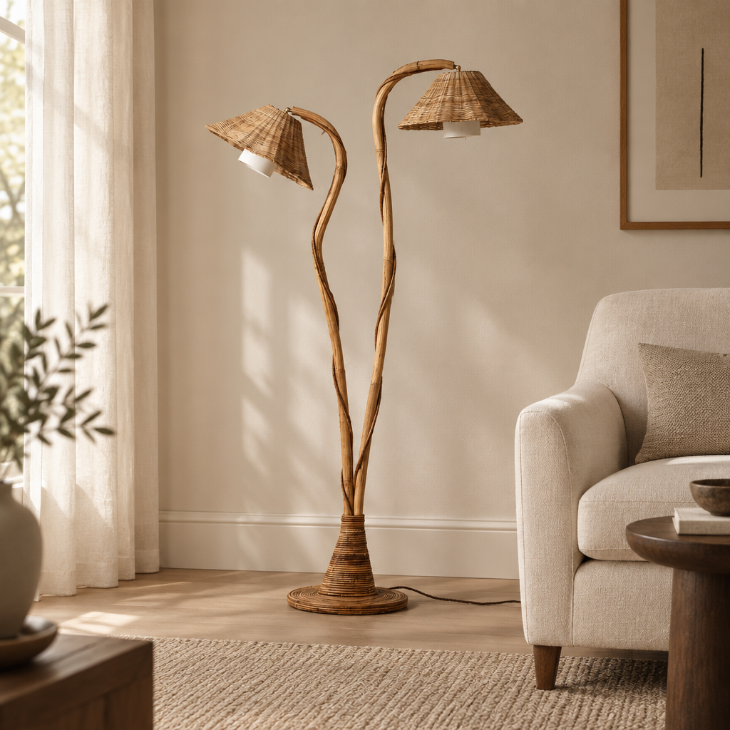Thalia rattan floor lamp with twin curved stems and woven shades beside a cream armchair in a sunlit ivory living room.