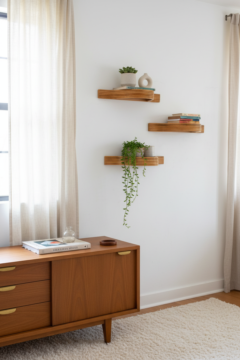 Three curved rattan shelves in bedroom