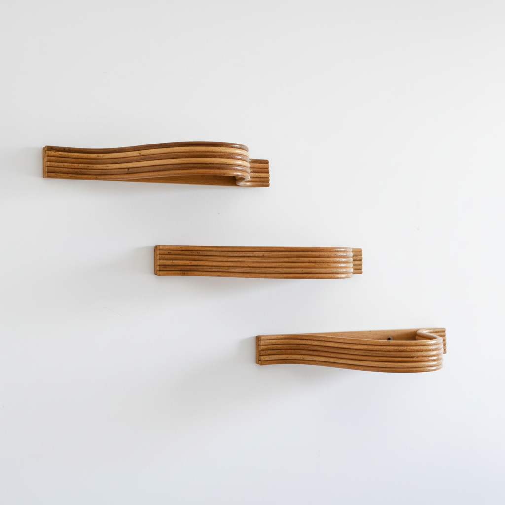 Three Rattan Bent Wall Shelves Diagonal Arrangement