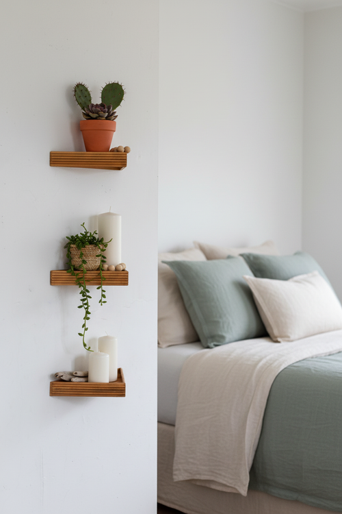 Three rattan shelves in bedroom