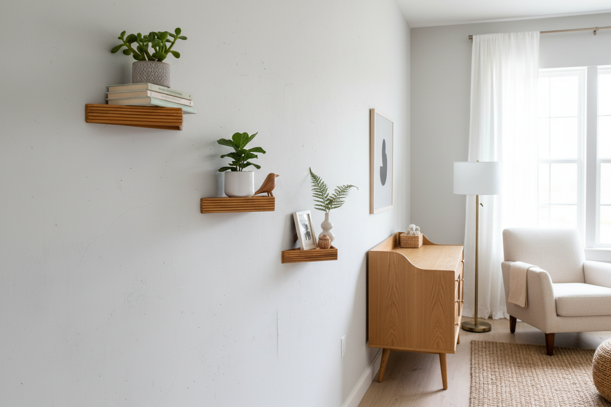 Three rattan shelves in office or nursery