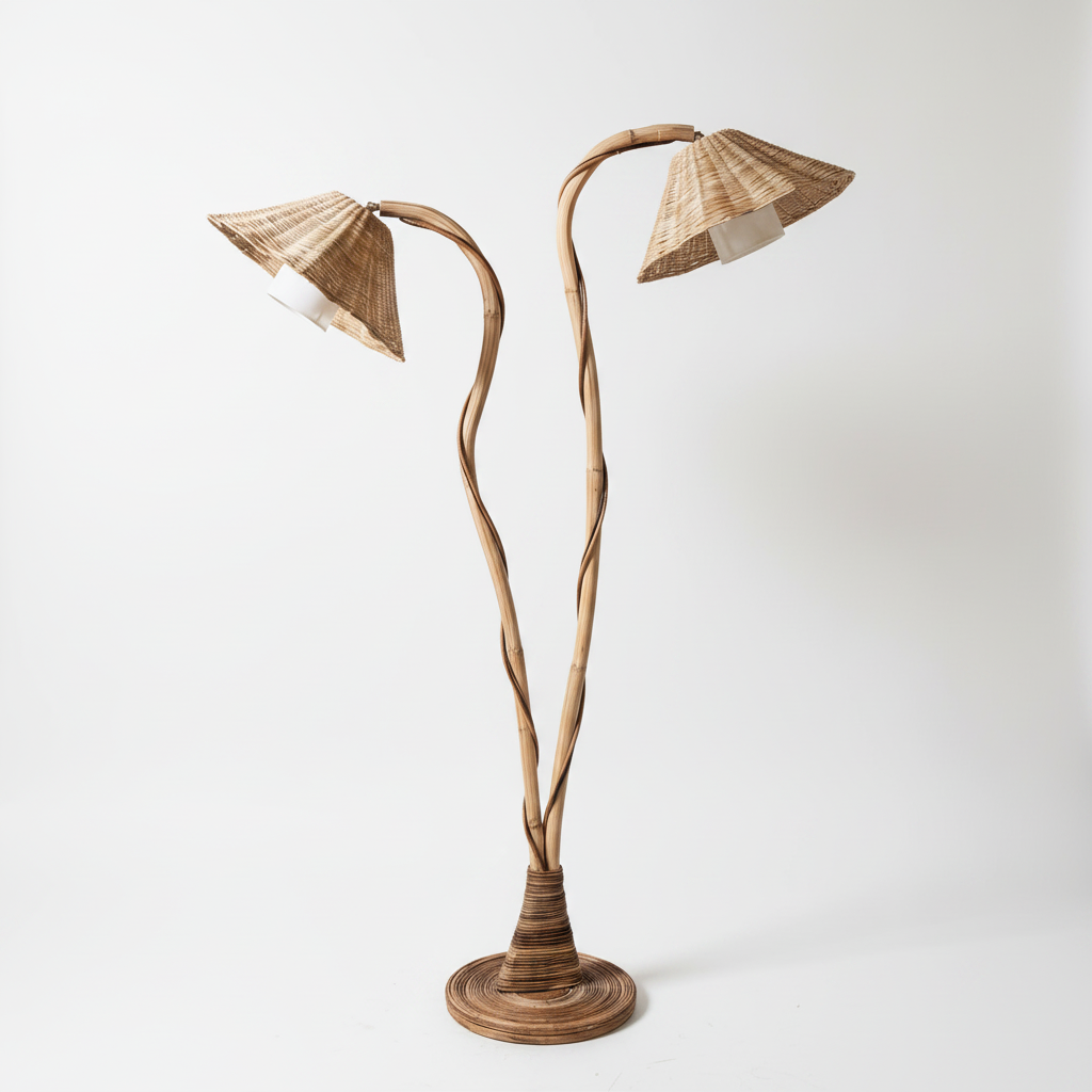 Twin-Head Rattan Floor Lamp — White Background