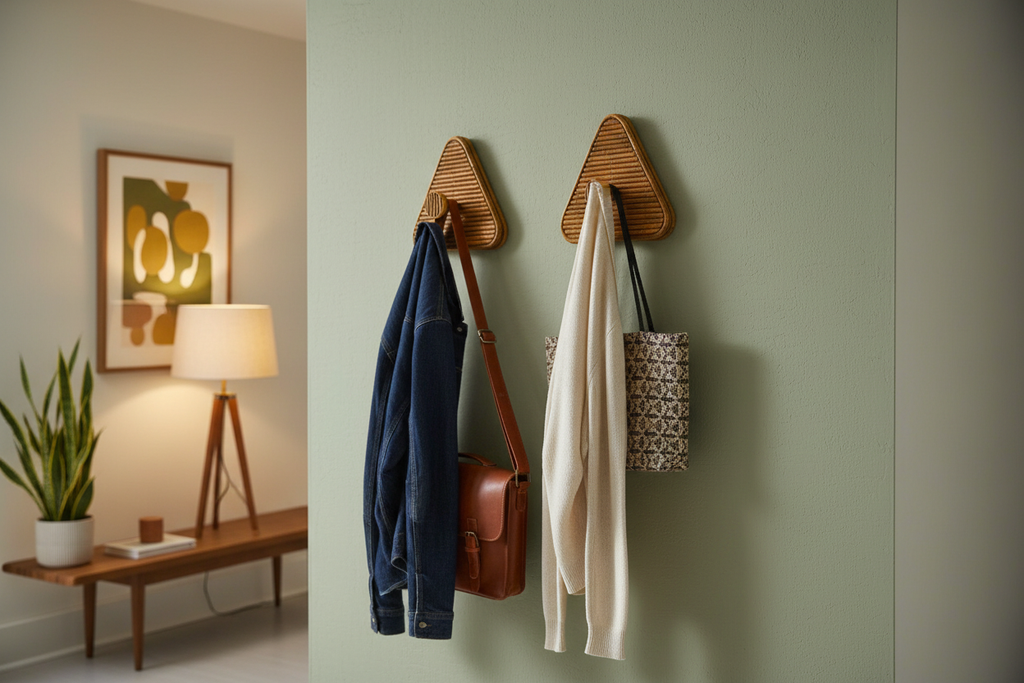 Two triangular rattan wall hooks in hallway with jackets