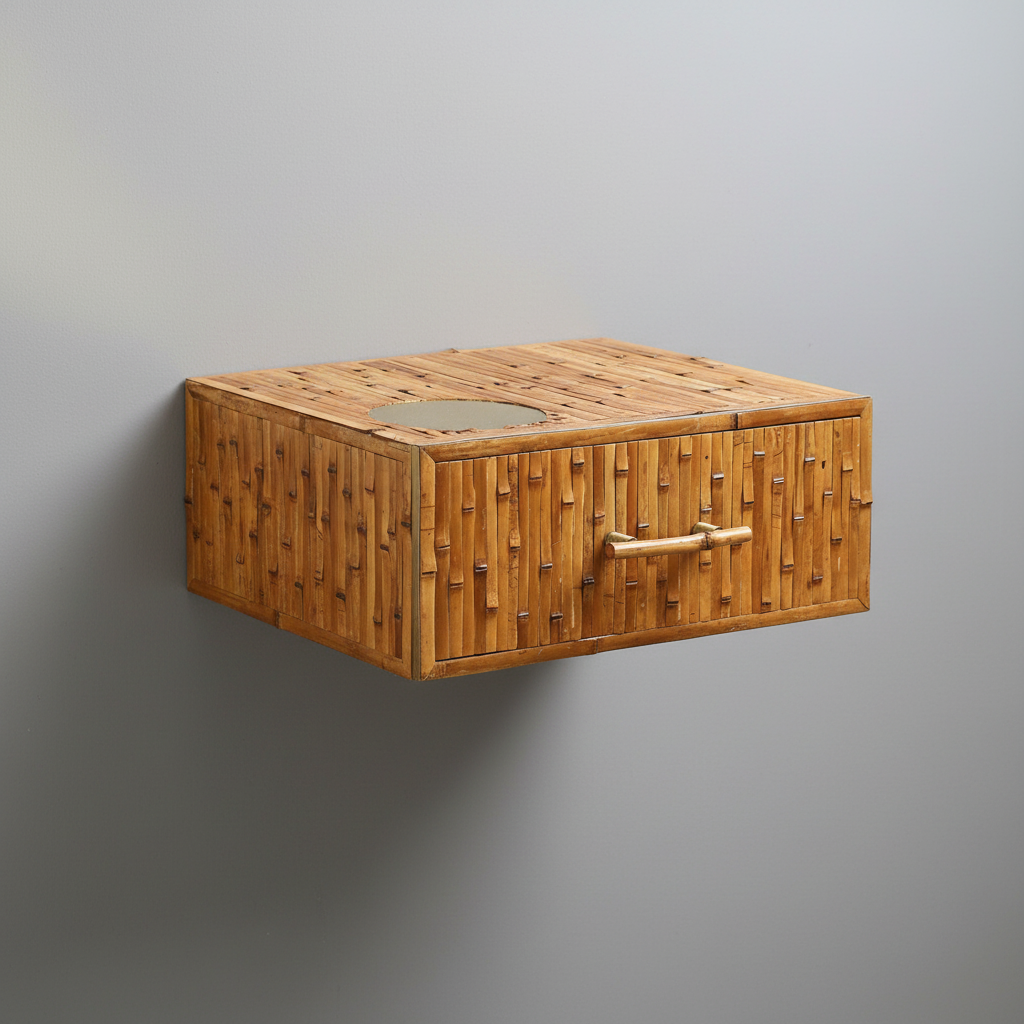 Wall-mounted bamboo nightstand on grey wall