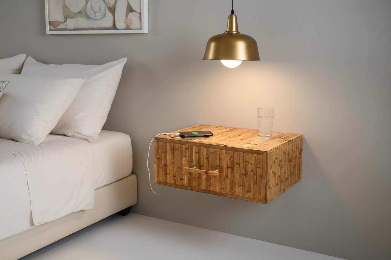 Wall-mounted bamboo nightstand showing space-saving design