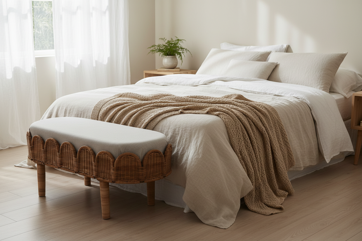Wicker Scallop Ottoman Bench in Bedroom