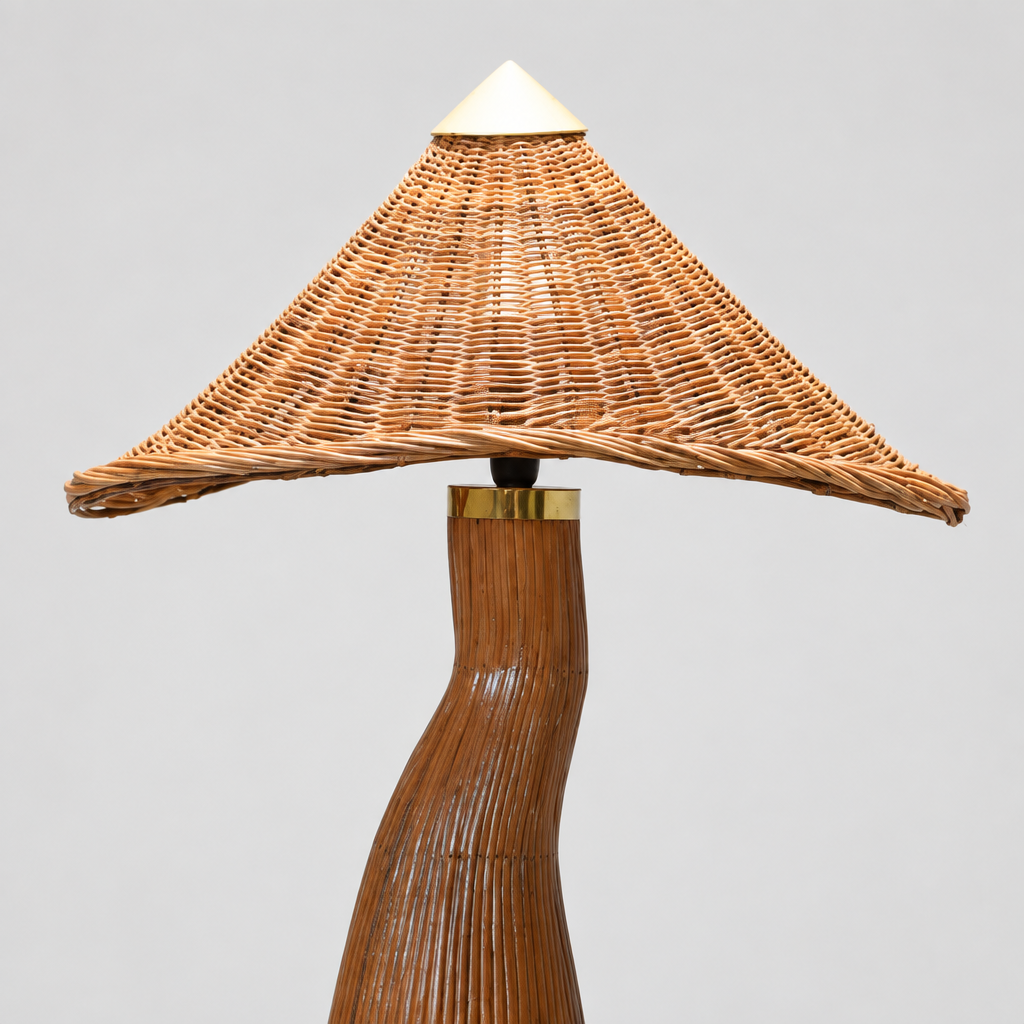 “Close-up of Shroom’s woven shade, undulating rim and white pointed top cap.”